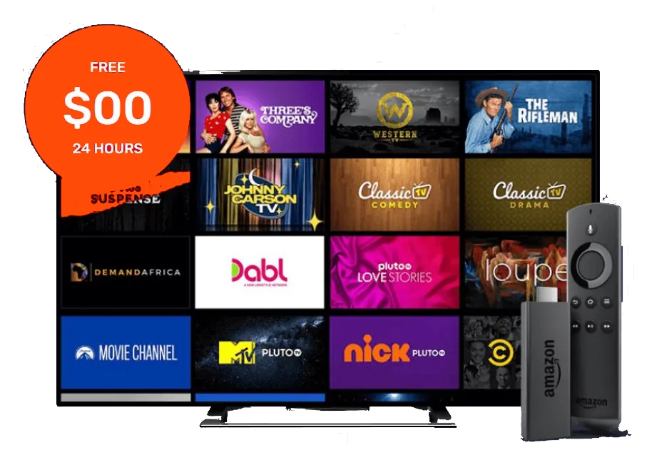 Smart TV showing the KROOZ TV channel grid next to a Fire TV Stick with a free 24-hour trial badge